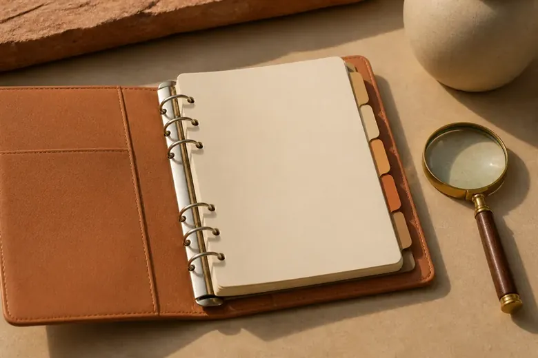 An organised overview of printed documents fanned out on a desk
