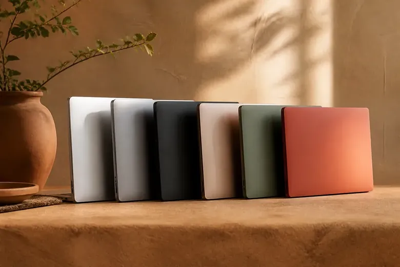 Several distinct closed laptops arranged in a row on a table, each a different colour