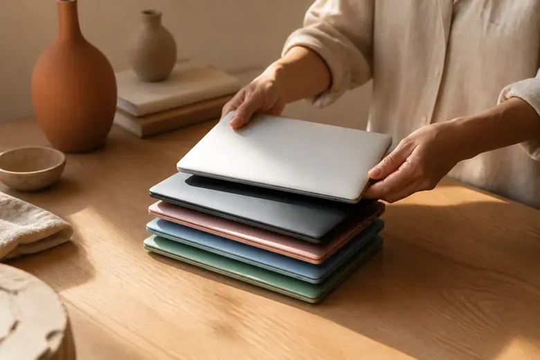 Several distinct closed laptops arranged in a row on a table, each a different colour