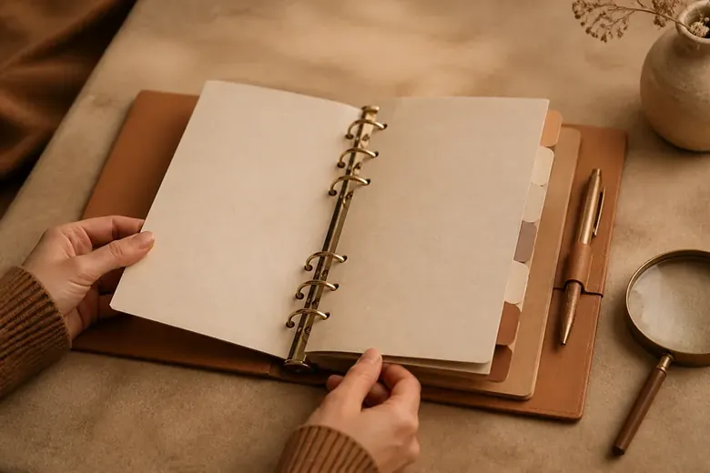 An open ring binder with tabbed dividers beside a magnifying glass